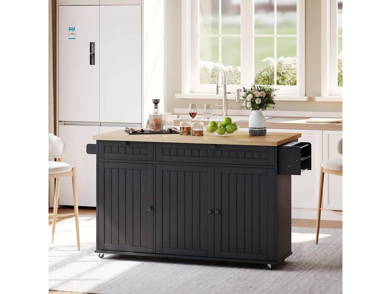  Îlot de cuisine mobile 137 x 70 cm, plateau rabattable, 6 roulettes, noir naturel  - Conforama D