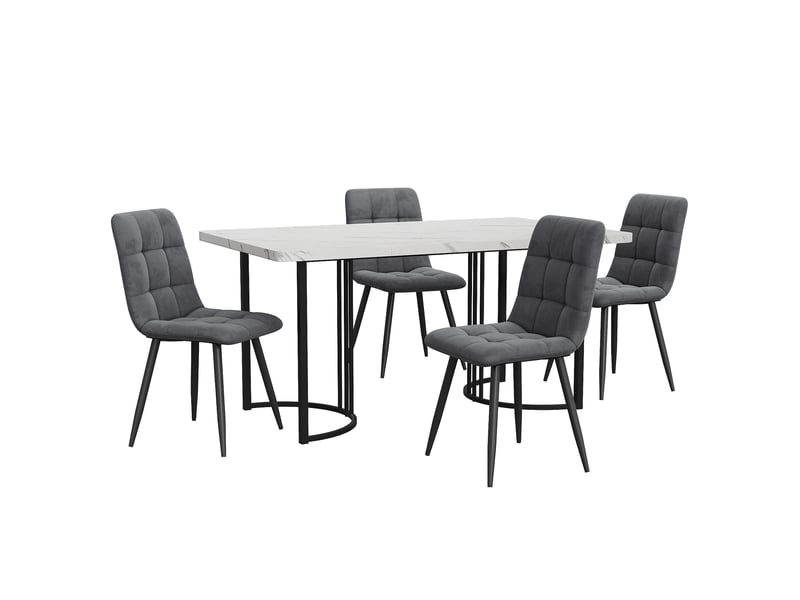 Ensemble table et 4 chaises, table à manger 140 x 80 cm effet marbre blanc, sièges en velours gris foncé et pieds noirs - Conforama B