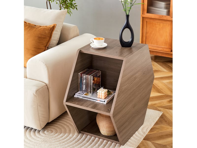  Table basse hexagonale avec pieds cylindriques, style moderne du milieu du siècle, en mdf finition noyer, marron  - Conforama C