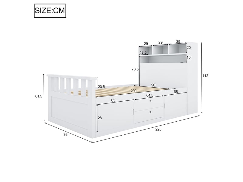  Lit enfant 90x200 cm, lit simple, tiroirs de rangement, rangements intégrés, éclairage led, ports usb, espace inférieur modulable, mdf blanc CozyNest - Conforama C