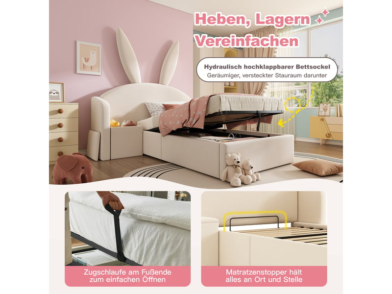 Lit coffre 90x190 cm, lit enfant, rangement hydraulique, table de chevet, motif lapin, velours beige - Conforama R