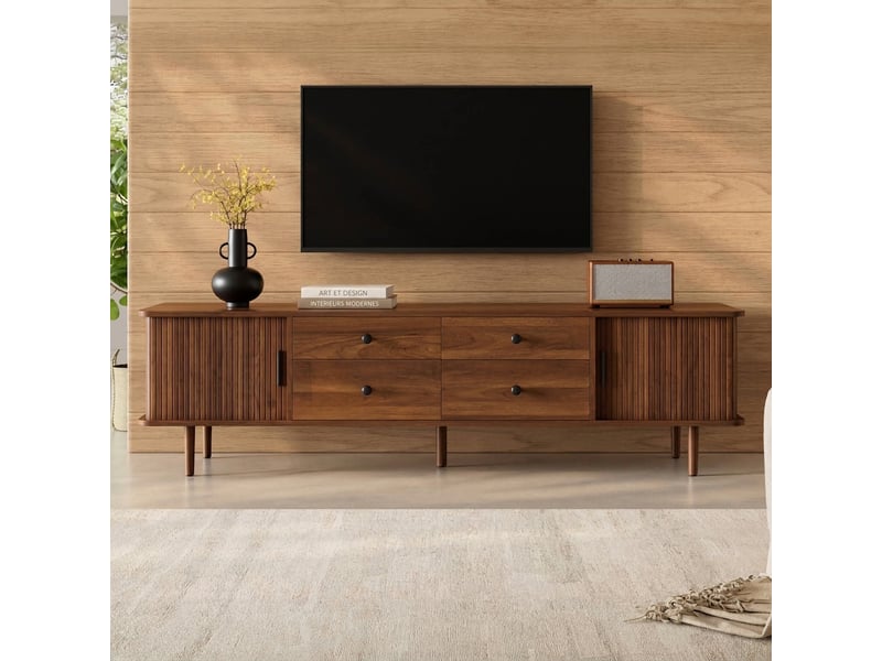  Meuble tv 165 cm mdf avec 4 tiroirs et 2 portes coulissantes, coins arrondis, couleur bois  - Conforama D
