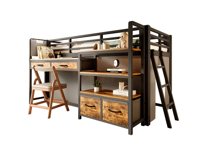  Lit mezzanine modenvie 90 x 200 cm avec bureau, rangements, tiroirs en tissu, rideau et led multicolores noir  - Conforama A