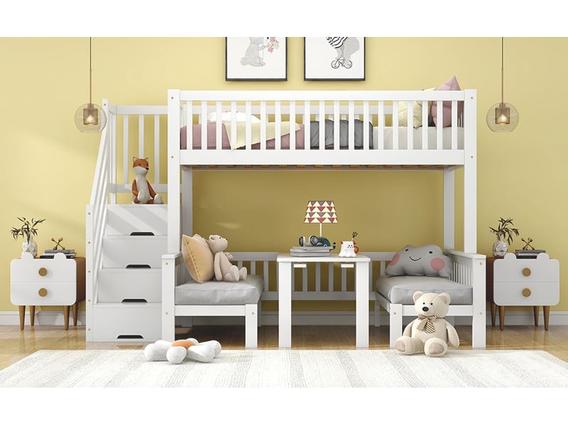  Lit mezzanine 90 x 200 cm escalier table réglable canapé en bois structure en pin robuste coloris blanc  - Conforama D