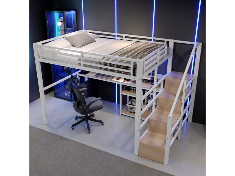  Lit mezzanine double 140×200 cm avec étagères, usb, type-c et led - okmyhome- blanc, sans matelas  - Conforama C