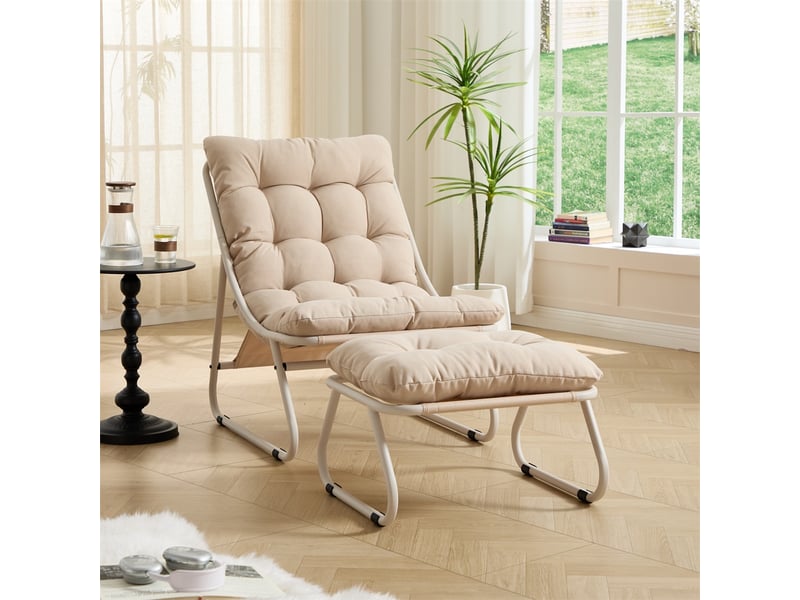  Fauteuil de jardin avec repose-pied - 65x78x86cm - chaise lounge inclinable avec coussin moelleux - acier &amp; coton - beige  - Conforama B