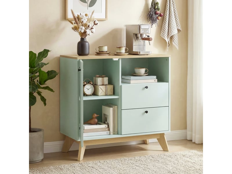  Buffet de salon, meuble de rangement avec porte, 2 tiroirs, compartiment ouvert et étagère réglable, vert clair et chêne  - Conforama D