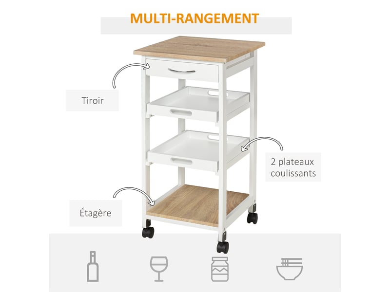  Chariot de service desserte de cuisine à roulettes 2 plateaux amovibles, étagère chêne clair blanc, tiroir  - Conforama A