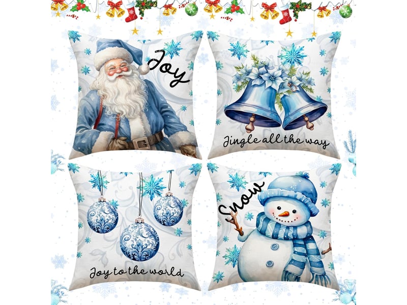  Lot de 4 housses de coussin décoratives de noël, 45 x 45 cm, en lin bleu, motif sapin et père noël  - Conforama A