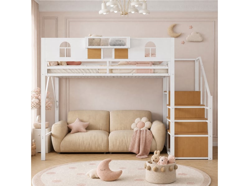  Lit mezzanine 140x200 cm avec échelle de rangement et espace libre, blanc  - Conforama D