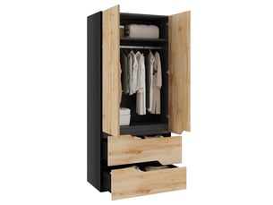 Armoire de chambre 2 portes avec penderie et 2 tiroirs 90x50x200 cm chêne et noir