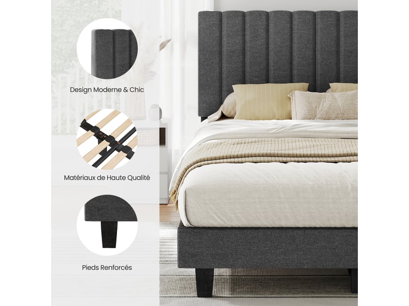 Lit 140x200 havenlyhome – ensemble complet avec tête de lit capitonnée lin et sommier à lattes – literie double design adulte - Conforama R