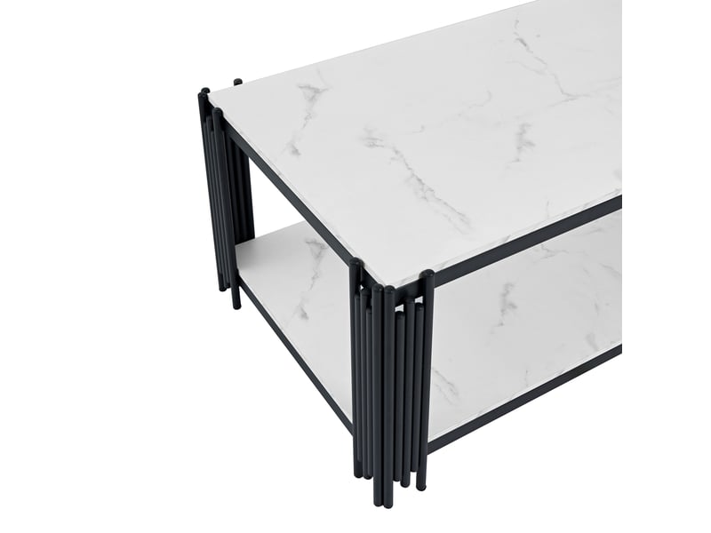 Table basse rectangulaire avec 2 étagères de rangement - lpospi - plateau effet marbre, pieds métal, mdf blanc et noir - Conforama E