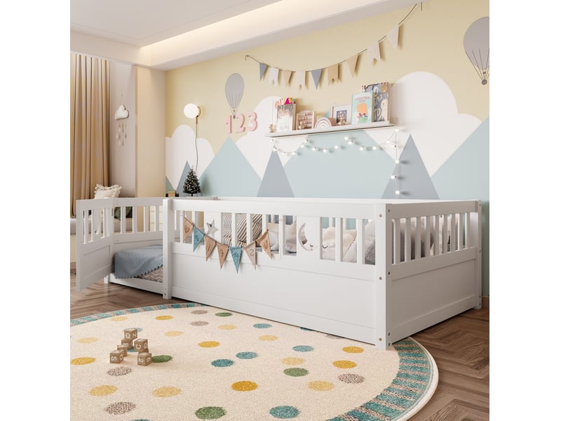  Lit enfant 90 x 190 cm avec barrières verrouillables, décor étoiles et lune, blanc  - Conforama E