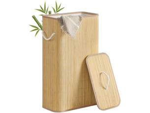 Panier à linge pliable rectangulaire 40 x 22 x 70 cm avec couvercle et poignées style naturel en bambou 12_0012218