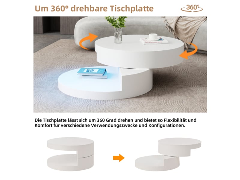  Maisentiel table basse cylindrique pivotante 360° avec led, 70 x 70 x 35,5 cm, mdf blanc, 2 niveaux  - Conforama E