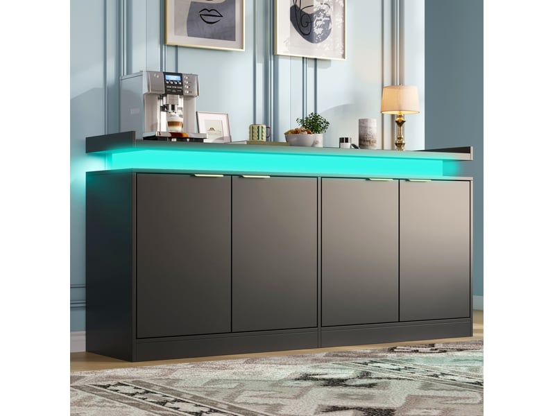  Buffet et enfilade led avec 4 portes et étagères ouvertes, mdf noir, pour cuisine et salle à manger, 160 × 39 × 83 cm  - Conforama B