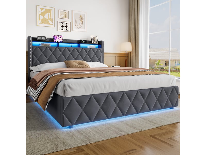  Lit 160 × 200 cm en velours, lit 2 places pour avec coffre de rangement hydraulique, led, couleur gris, sans matelas  - Conforama B
