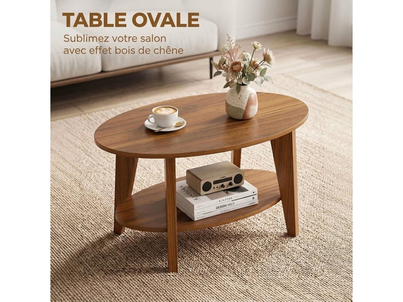  Table basse ovale à 2 niveaux, table de salon moderne avec étagère inférieure ouverte, 80 x 50 x 45 cm, chêne  - Conforama D