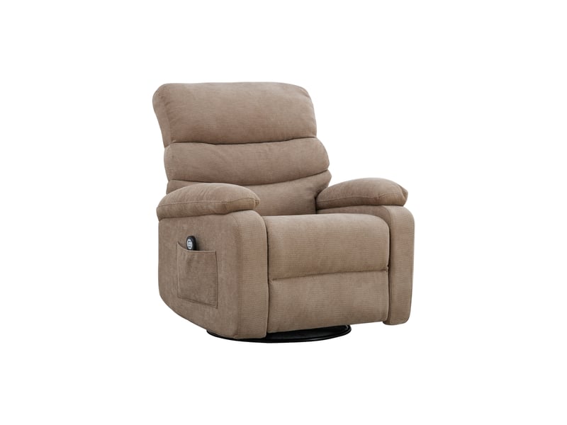Fauteuil relax électrique taupe en chenille, massage chauffant, dossier et repose-pieds réglables, pivotant pour salon - Conforama A