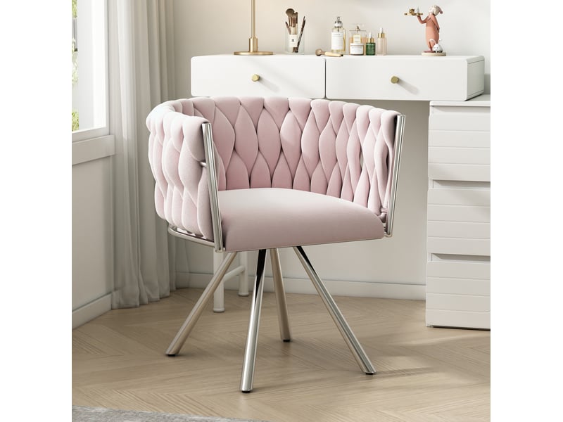  Chaise de coiffeuse pivotante 59x54x72 cm en velours rose, 4 pieds métalliques, style élégant et confortable  - Conforama D