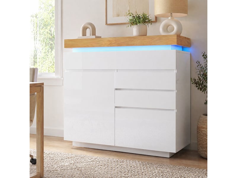  Buffet haut blanc brillant avec 2 portes, 3 tiroirs et éclairage led, 110 x 39 x 115 cm  - Conforama D