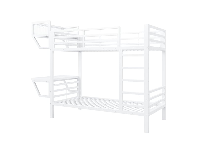 Lit superposé en métal 90 x 200 cm - avec bureau - avec compartiments de rangement - avec barrières de sécurité - blanc (matelas non inclus) - Conforama R