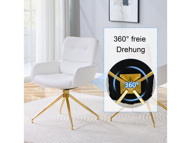  Lot de 2 chaises de salle à manger pivotantes 360°  - dossier rembourré, simili cuir blanc, métal doré  - Conforama E