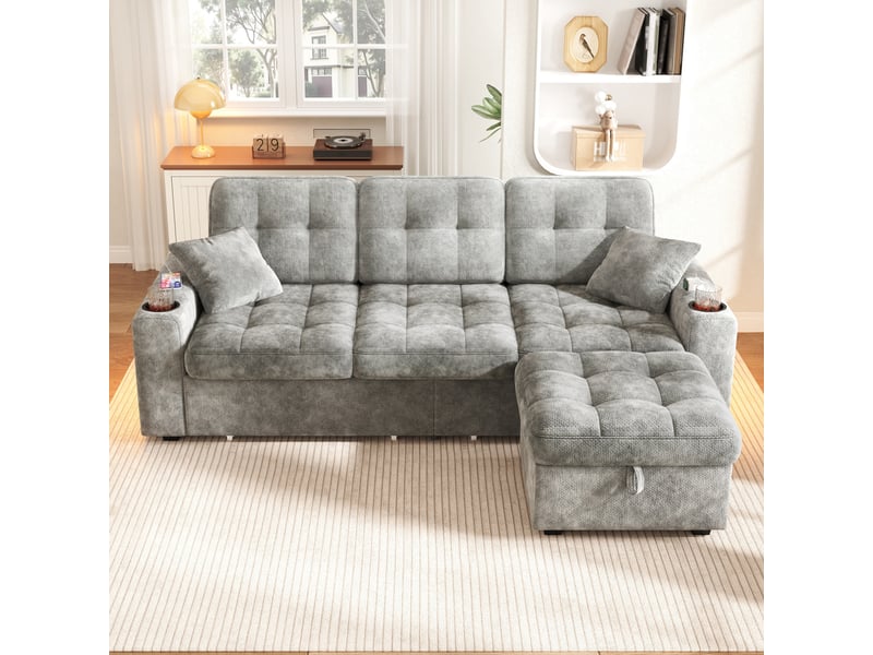 Canapé d’angle 3 places en chenille 194,5x133x83 cm, avec usb-c et led, porte-gobelets, rangements latéraux, 2 tiroirs et pouf coffre, gris - Conforama D