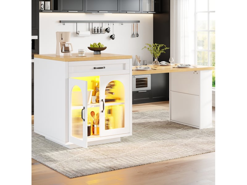 Desserte de cuisine extensible avec 2 tiroirs, 2 portes vitrées striées et led pour salle à manger en mdf blanc - Conforama D