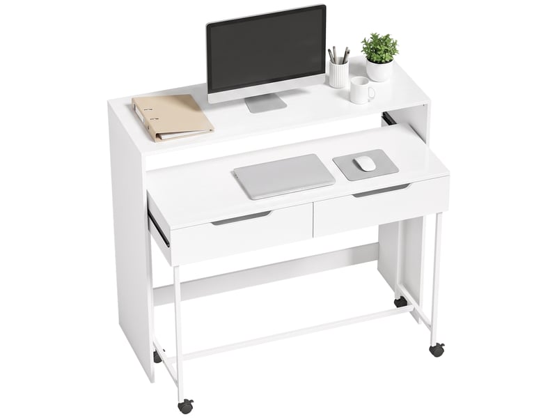  Bureau d'ordinateur extensible 100 cm avec 2 tiroirs, bureau avec rangement, style moderne, blanc  - Conforama A