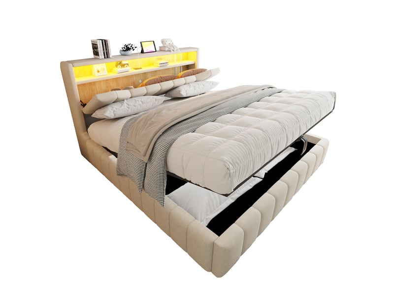  Lit coffre 180 × 200 cm 2 places avec rangement, led, usb et usb-c, sans matelas, tissu beige  - Conforama A