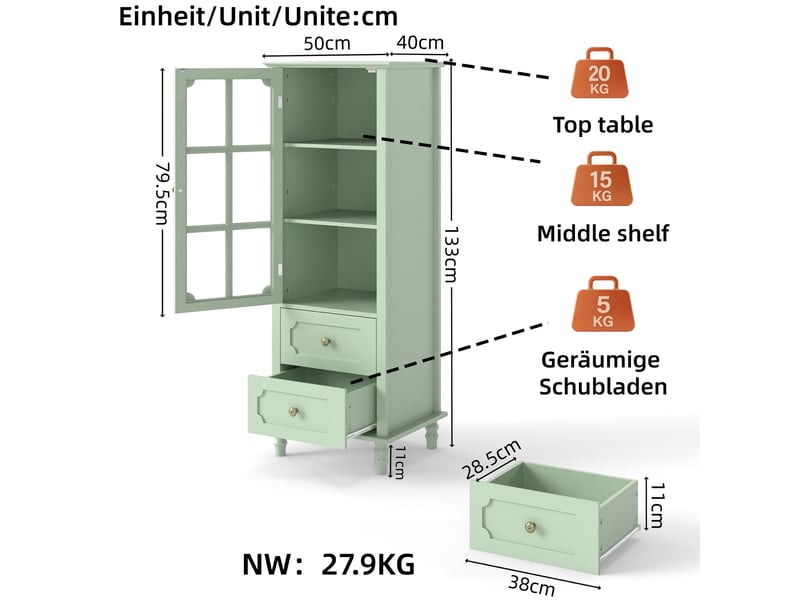  Buffet - 50x40x133 cm - meuble de rangement haut avec porte vitrée et 2 tiroirs, vitrine et buffet de cuisine - vert  - Conforama E