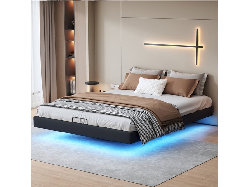  Cadre de lit coffre sans tête de lit - 160 x 200 cm-noir - avec éclairage led sous le lit, prises et vérins hydrauliques  - Conforama C