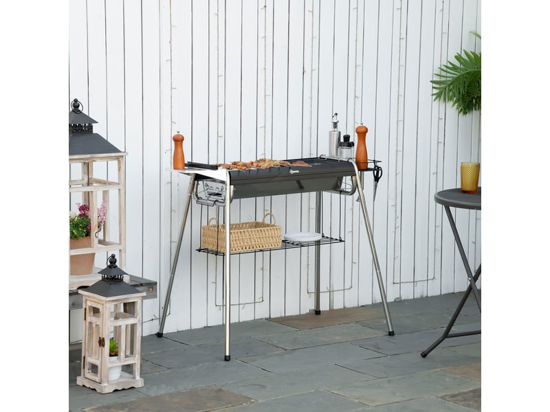  Barbecue au charbon avec grille en acier inoxydable, plancha et étagères, 107 x 63 x 75 cm  - Conforama D