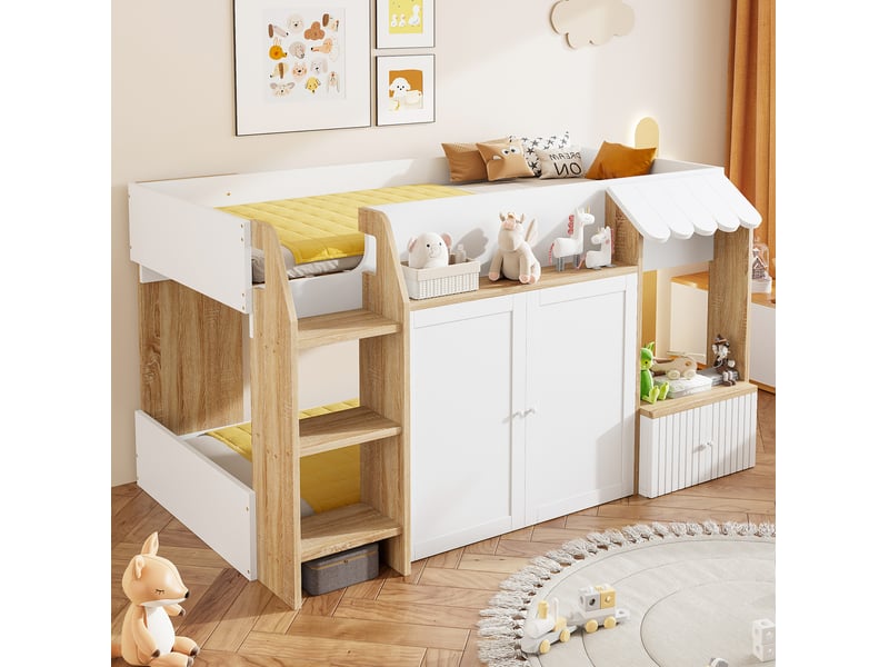  Lit cabane mi-hauteur enfant 90x200 cm avec rangement ouvert et échelle bois blanc et bois sans matelas  - Conforama B