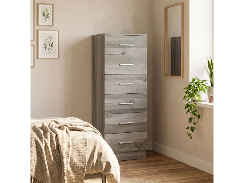  Commode à 6 tiroirs, commode haute de chambre avec dispositif anti-basculement, 40 x 40 x 110 cm, gris clair  - Conforama D