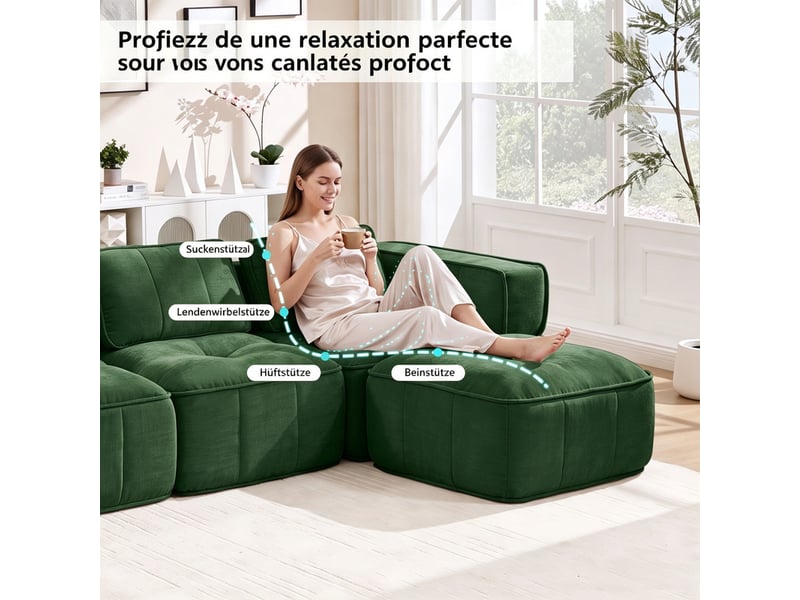  Sofa modulaire 4 places en u, 2 poufs, mousse 32d, assise profonde, tissu agréable, antidérapant, 344×162×67 cm, vert  - Conforama E