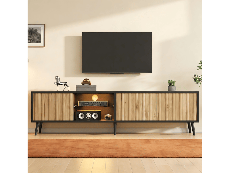  Meuble tv ulevr led avec rangement 175 x 31 x 43,5 cm, 3 portes, jusqu’à 75 pouces, panneau de particules, bois naturel et noir  - Conforama E