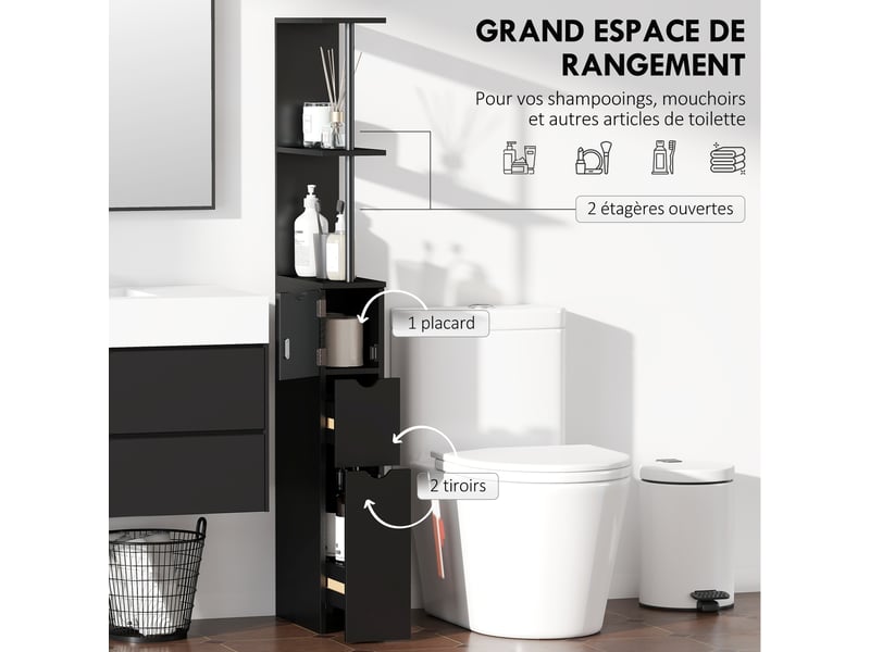 Meuble colonne salle de bain armoire de salle de bain avec tiroirs étagères ouvertes placard noir 15 x 33 x 136,8 cm - Conforama A