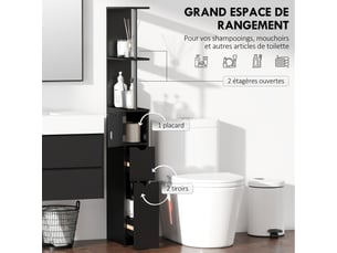 Meuble colonne salle de bain armoire de salle de bain avec tiroirs étagères ouvertes placard noir 15 x 33 x 136,8 cm