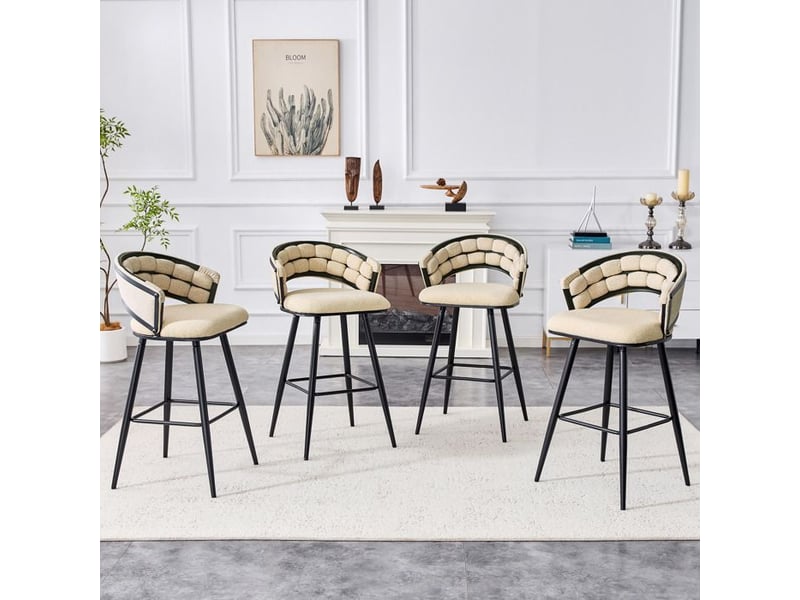  Tabouret de bar moderne - velours beige - pieds en fer noir - dossier tressé - repose-pieds intégré - confort durable 56x50.5x98.5cm - Conforama D