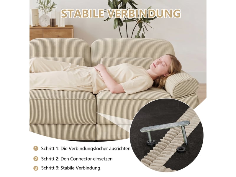  Canapé modulable 3 places en velours côtelé beige, assise profonde, coussin lombaire inclus, 265×88,5×94 cm  - Conforama R
