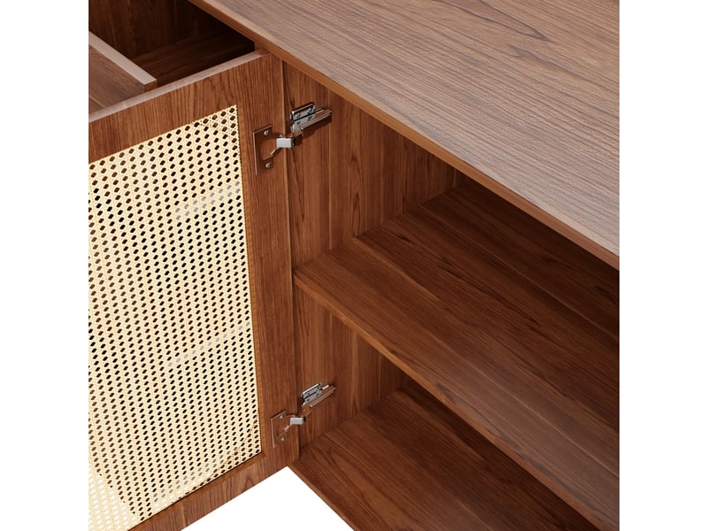 Buffet design moderne avec tiroirs et portes en rattan, meuble de rangement cuisine salon, couleur brun, dimensions 160x40x90 cm - Conforama E