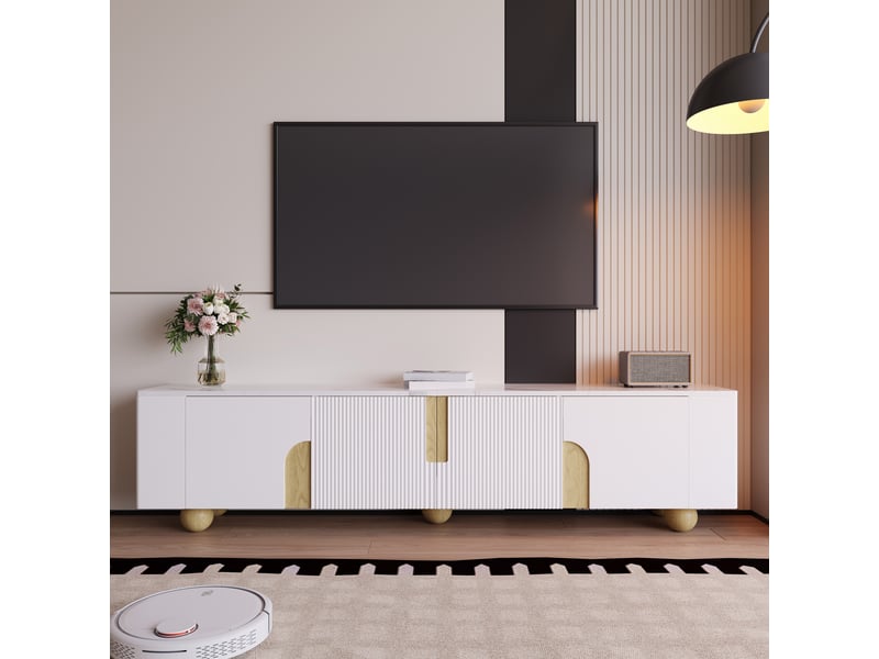  Meuble tv blanc 180 cm, 4 portes, surface effet marbre, pieds en bois boule, blanc et bois  - Conforama B