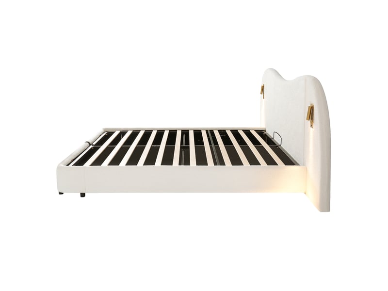 Lit double 180×200 cm avec rangement hydraulique, usb et lampe de lecture, bouclé blanc - Conforama E