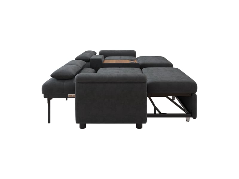  Canapé-lit u corda, gris foncé, 284x138x89 cm, convertible, dossier réglable, table avec 2 porte-gobelets, 4 coussins, chenille  - Conforama E