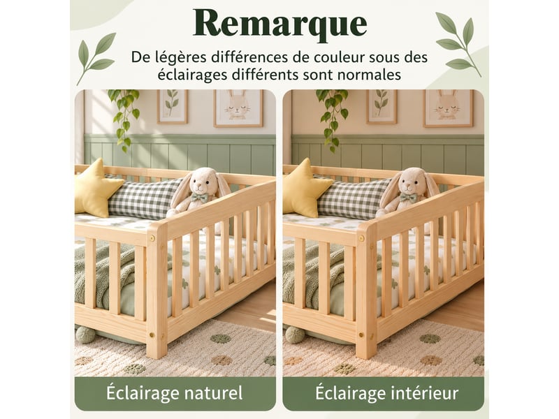  Lit enfant  140x200 cm boisnaturel lit enfant au sol avec barrière de sécurité et sommier  - Conforama E
