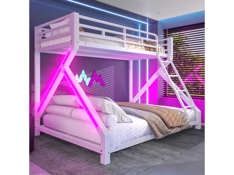  Lit superposé enfant 90x200 et 140x200 cm, éclairage led, garde-corps de sécurité, échelle, structure en métal, blanc evarich - Conforama E
