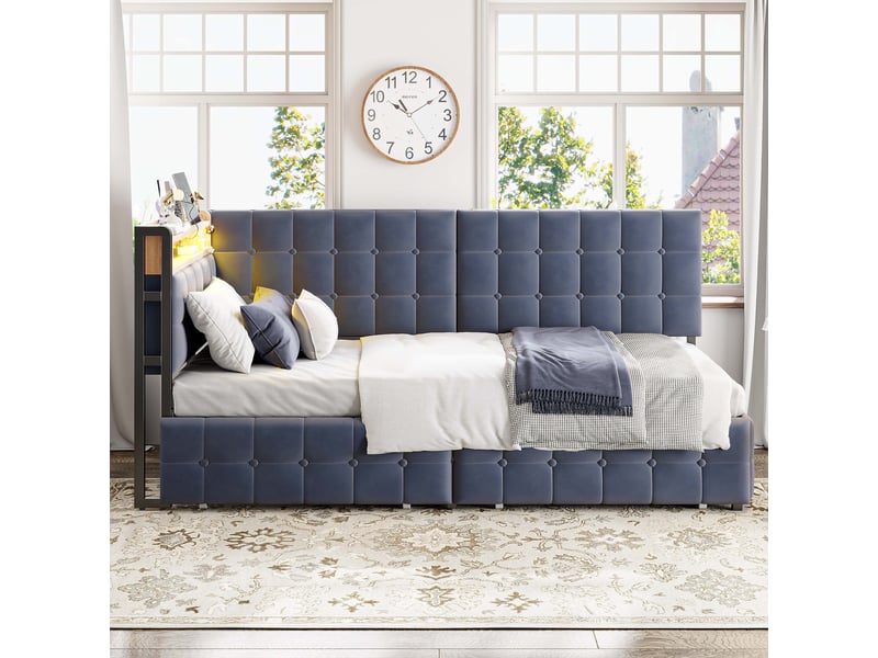 Lit banquette 90 x 200 cm, tiroirs de rangement, éclairage led intégré, ports de charge usb, structure rembourrée, pour la chambre, tissu, gris ABC - Conforama D